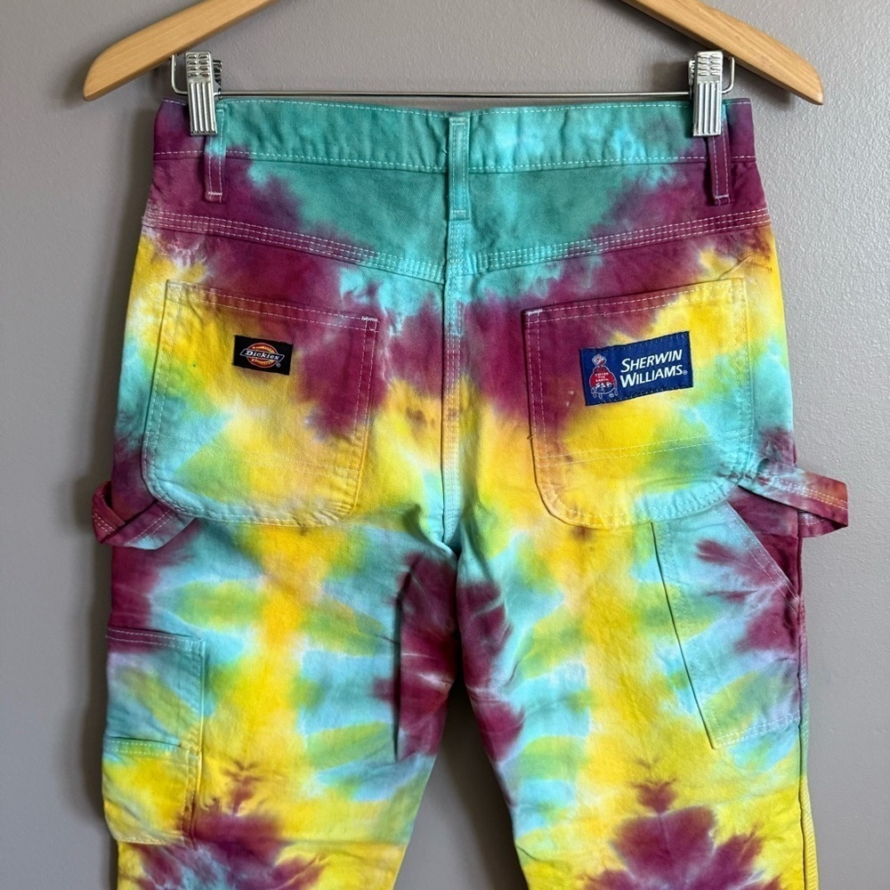 Upcycled Men's Rainbow Tie Dye Dickies Cargo Painter Jeans 30x30 Festival Rave - Picture 7 of 11